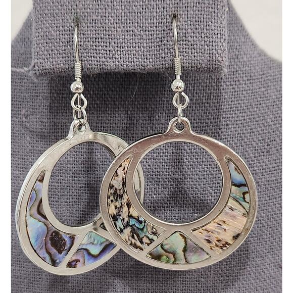 Silver Inlaid Abalone Shell Round Dangle Fish Hook Earrings 2.5 Inches Long - Picture 1 of 4